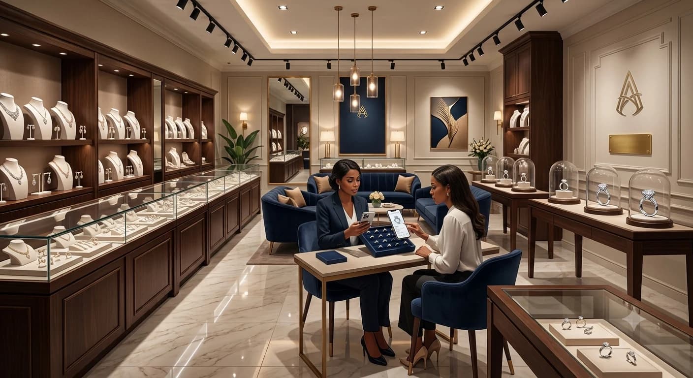 A jeweller and a shopper sitting together at a table in a showroom, looking at a tray of rings and a tablet, surrounded by lit display cases