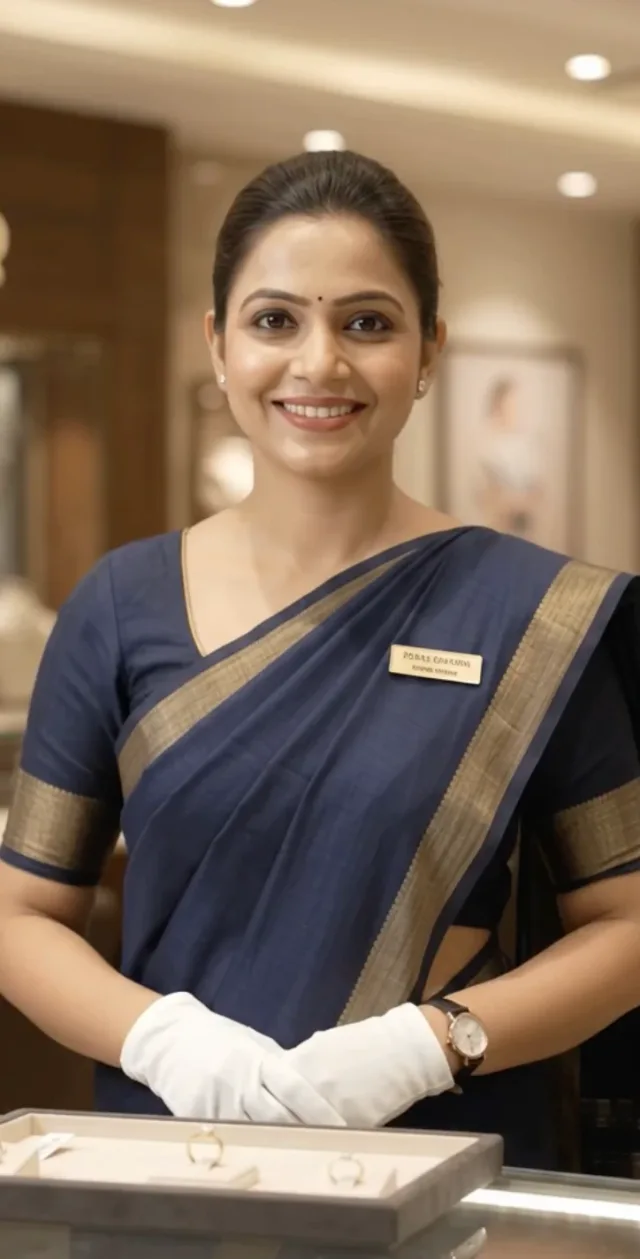 A jewellery store sales expert on a live call, standing at the counter with the rings she is showing