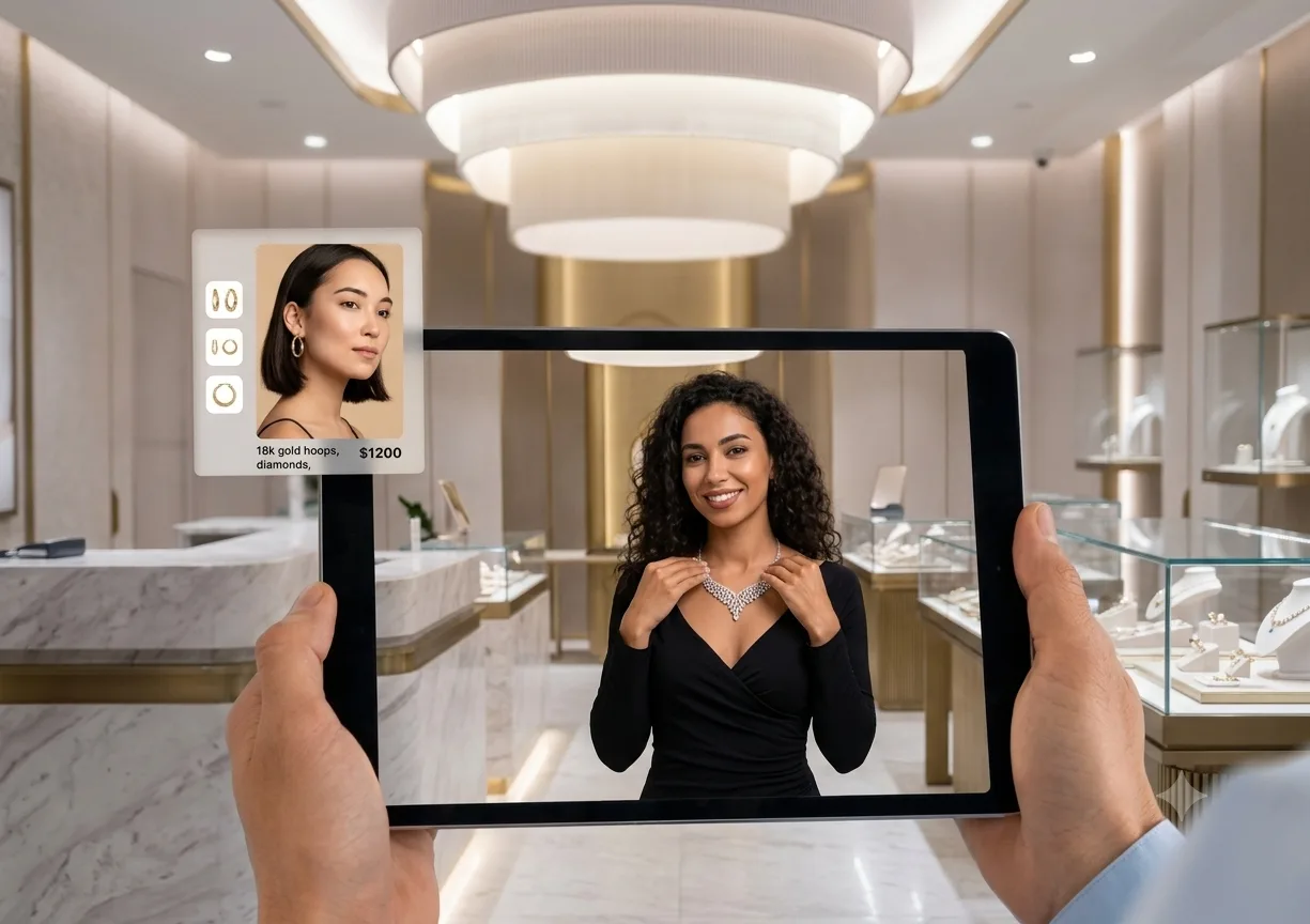 A sales expert holding a tablet in a jewellery showroom, showing a shopper a diamond necklace on a live video call