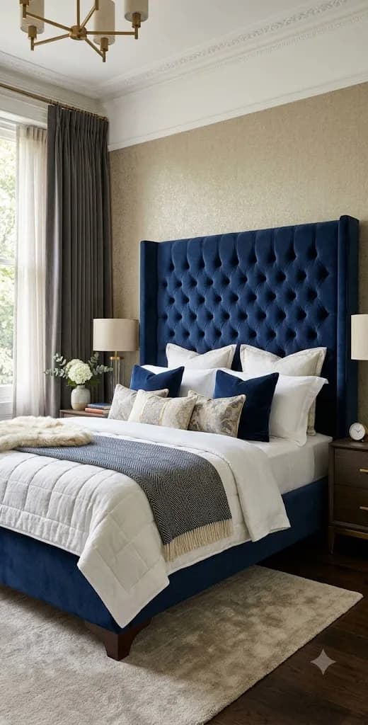 An expert showing an upholstered bed to a shopper on a live call