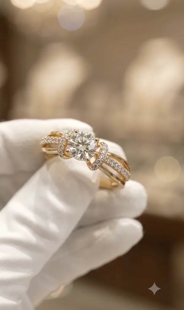 A sales expert showing a solitaire ring on a live call
