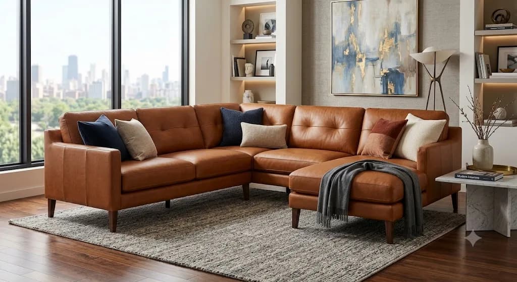A tan leather sectional styled in a living room, the kind of piece an expert walks a buyer through on a call