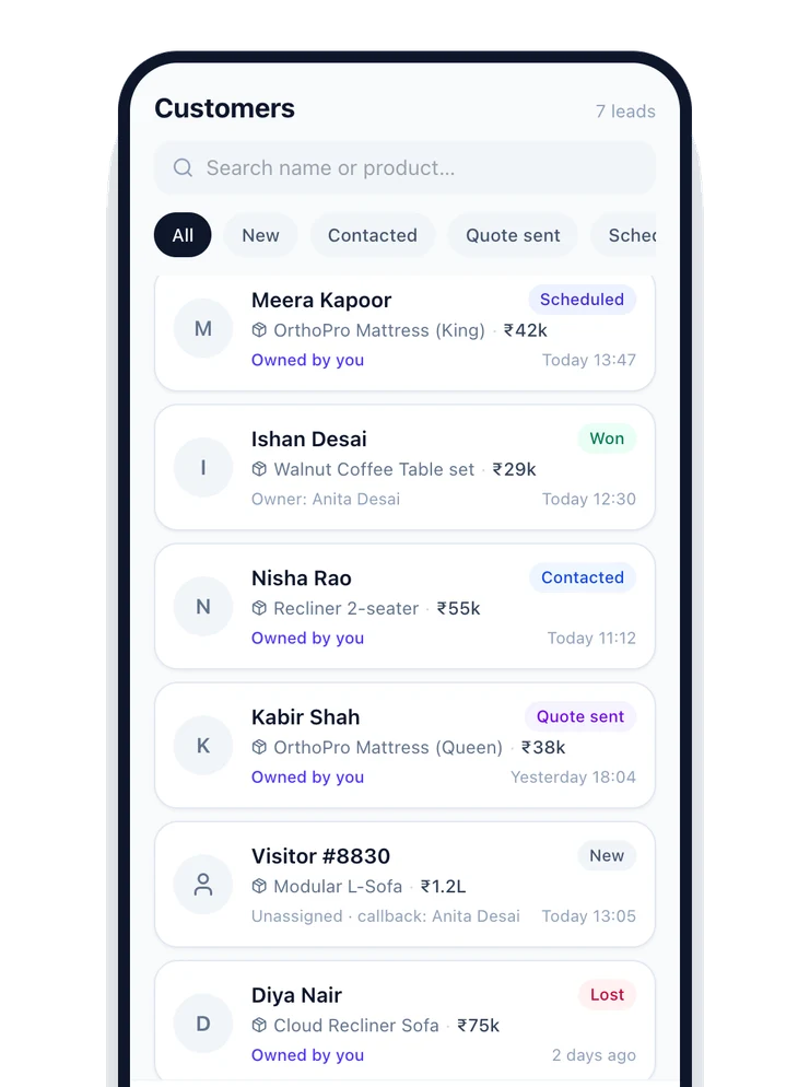 The Winklook leads list on a phone, each caller shown with the product they asked about and the stage the deal is at